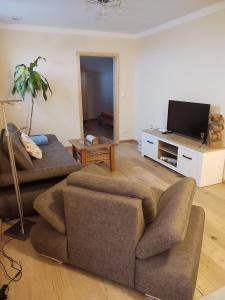 sala de estar con 2 sofás y TV de pantalla plana en Ferienwohnung Maintalblick, en Mainleus