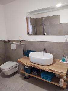 a bathroom with a sink and a toilet at Ferienwohnung Maintalblick in Mainleus