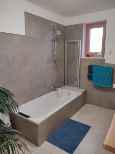 y baño con bañera y ducha. en Ferienwohnung Maintalblick, en Mainleus
