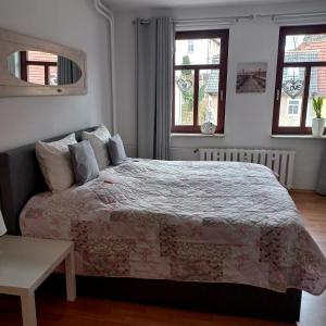 a bedroom with a large bed and two windows at Ferienwohnung Wettin in Wettin