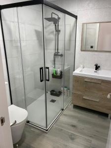een badkamer met een douche, een toilet en een wastafel bij MONTE AZUL in Málaga