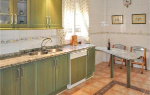 cocina con armarios verdes, fregadero y mesa en 3 Bedroom Nice Home In Olivares, en Olivares