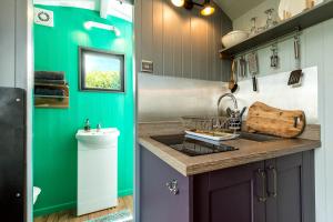 a kitchen with a sink and a counter top at The Big Cwtch Shepherd's Hut in Kidwelly