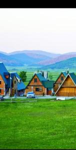 a group of houses with a car parked in a field at Holiday Home Vile Calimero in Žabljak
