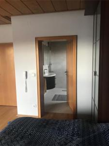 Für Pendler und Monteure oder Ferienwohnung zum Erholen في Ober-Ramstadt: غرفة نوم مع باب يؤدي إلى حمام مع حوض