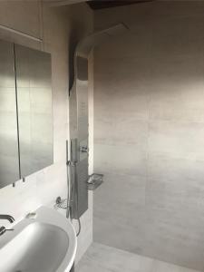 a white bathroom with a sink and a shower at Für Pendler und Monteure oder Ferienwohnung zum Erholen in Ober-Ramstadt