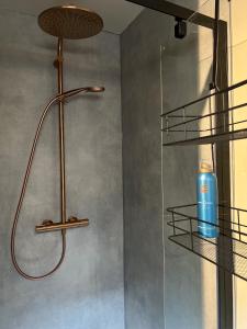 a shower with a blue bottle on a shelf at Sfeervol huisje, dichtbij bos en centrum in Apeldoorn