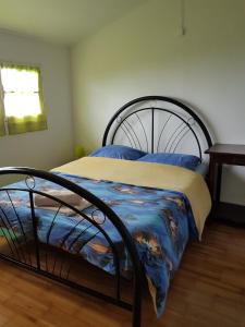 a bedroom with a bed with a blue comforter at La Villa du Volcan in Le Tampon