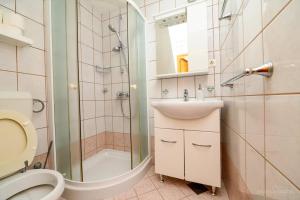 y baño con aseo, lavabo y ducha. en Apartmani Noris (app3) en Martinšćica