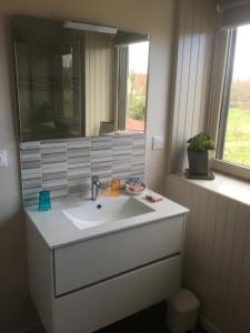 un bagno con un lavandino bianco e uno specchio di La Grange aux portes du Touquet, 1 ou 2 ch, terrasse, jardin, parking a Cucq