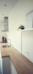 a kitchen with a wooden counter top and a sink at Huize Andries in Bruges