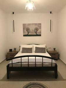 ein Schlafzimmer mit einem Bett in einem Zimmer in der Unterkunft Kouzoulis House in Éxo Khóra