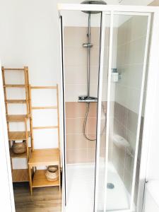 y baño con ducha y puerta de cristal. en Appartement A Deux Pas situé en Hyper Centre Ville, en Rouen