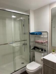 uma casa de banho com um chuveiro, um WC e um lavatório. em MARAVILLOSO Y NUEVO DEPTO 1 a 6 PERSONAS em Viña del Mar