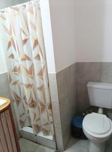 a bathroom with a toilet and a shower curtain at La Cantonada in Caviahue