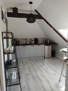 a kitchen with a ladder in a attic at La Menardière L'appart' in Corseul