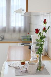 un vase avec deux roses sur un comptoir de cuisine dans l'établissement Flo's Apartments, à Mesolongion