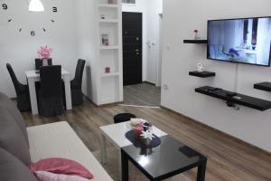 a living room with a couch and a tv on a wall at Apartman Cer in Banja Koviljača