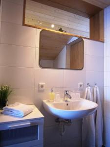 ein Bad mit einem Waschbecken und einem Spiegel in der Unterkunft Studio Bergblick in Mellau