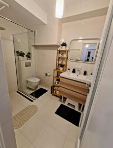 uma casa de banho com um chuveiro, um lavatório e um WC. em Relax Apartment Predeal em Predeal