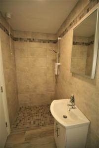 uma casa de banho com um lavatório e um chuveiro com um espelho. em The Shepherd's Lodge em Tullyallen