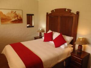 a bedroom with a large bed with red pillows at Berg Treat in Champagne Valley