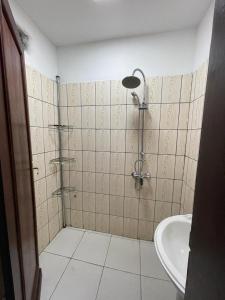 La salle de bains est pourvue d'une douche et d'un lavabo. dans l'établissement Résidence 2JGE, à Douala