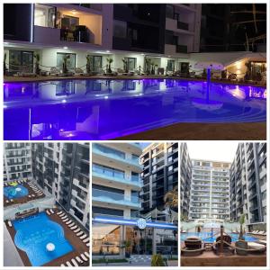 a collage of two pictures of a swimming pool at SeaView Deluxe Double Studio - Beachfront Resort in Mamaia Nord