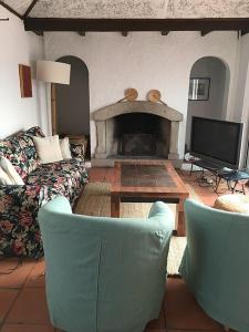 a living room with a couch and a fireplace at Casa em Resende com Vista Para o Rio Douro in Resende