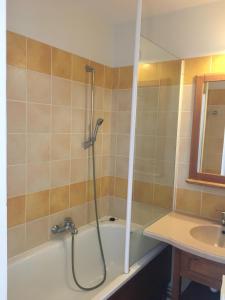 a bathroom with a bath tub and a sink at Charmant T2 PISCINE chambre lit double dans résidence du Lac in Monflanquin