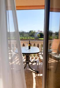 a table with a bottle of wine sitting on a balcony at Apartments Dubravka in Medulin