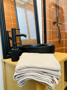 baño con lavabo negro y toalla en La Roseraie, en Rouen