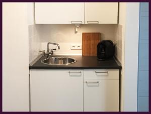 eine kleine Küche mit einem Waschbecken und weißen Schränken in der Unterkunft Apartment EULE - Gute-Nacht-Braunschweig in Braunschweig