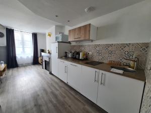 a kitchen with white cabinets and a wooden floor at Les Cosy De Nancy - Urban Jungle - 4 étoiles in Nancy +11 photos