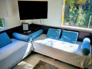 sala de estar con sofá y TV en Blue Bird Flat en San Carlos de Bariloche