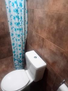 Las TapiasにあるMonoambiente en Las Tapiasのトイレとシャワーカーテン付きのバスルーム