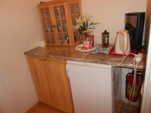 a kitchen counter with a cabinet and a refrigerator at Poska Villa Guesthouse in Tallinn