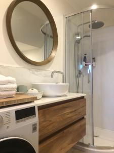 a bathroom with a sink and a washing machine at Lux Studio in Dunedin Central in Dunedin