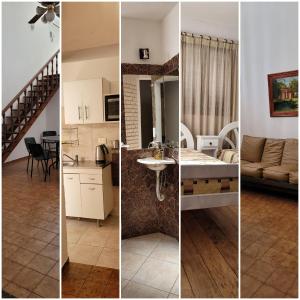 3 vistas diferentes de uma cozinha e uma sala de estar em Departamento A&F alquiler temporario em San Fernando del Valle de Catamarca