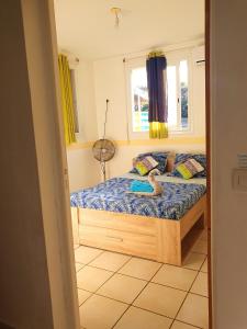 1 dormitorio con cama y ventana en Maison de 3 chambres avec jardin clos et wifi a Sainte Anne a 1 km de la plage, en Sainte-Anne