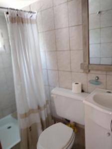 a bathroom with a white toilet and a sink at PORTAL DE LA ESTEPA in Dina Huapi