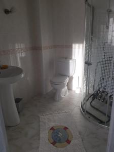 a bathroom with a toilet and a shower and a sink at 2 munites walk to Ladies Beach in Aydın