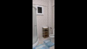 a bathroom with a shower and a toilet and a window at 10 munites walk to City Center 10 munites walk to Ladies Beach in Aydın