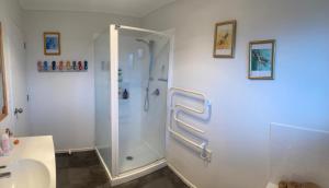 a bathroom with a shower and a sink at Palm Garden Beach House in Papamoa +47 photos