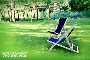 two chairs sitting in the grass in a yard at Domek pod Sosnami z posesją na wyłączność Mazury Prażmowo in Prażmowo