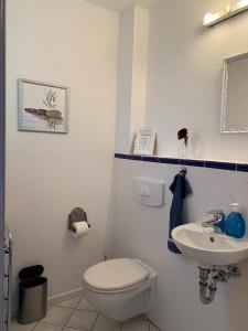 a white bathroom with a toilet and a sink at Haus Glücksmoment in Sankt Englmar