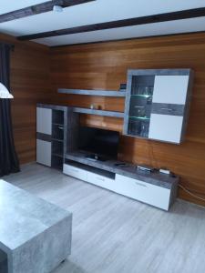a living room with a large tv on a wooden wall at Fewo Oehlenschlaeger Nr 53 Eg in Arrach