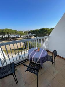a table and chairs on a balcony with a view of the ocean at Studio vue port, parking privé, terrasse, clim in Le Grau-du-Roi