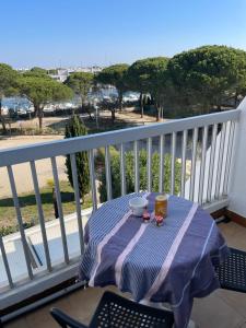 a table on a balcony with a bowl of food at Studio vue port, parking privé, terrasse, clim in Le Grau-du-Roi