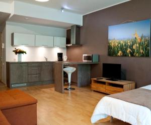 a room with a bed and a kitchen with a tv at Jalaka Apartment with sauna in Pärnu